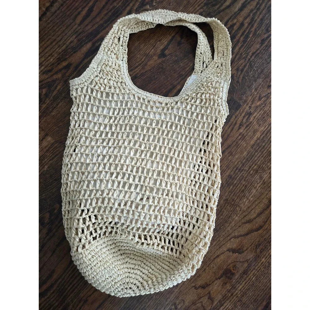 Haute Hippie Crochet Mesh Beach Tote Bag - Cream Boho Woven Hobo